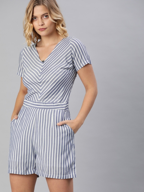 

ONLY Women White & Blue Striped Playsuit With Tie-Ups