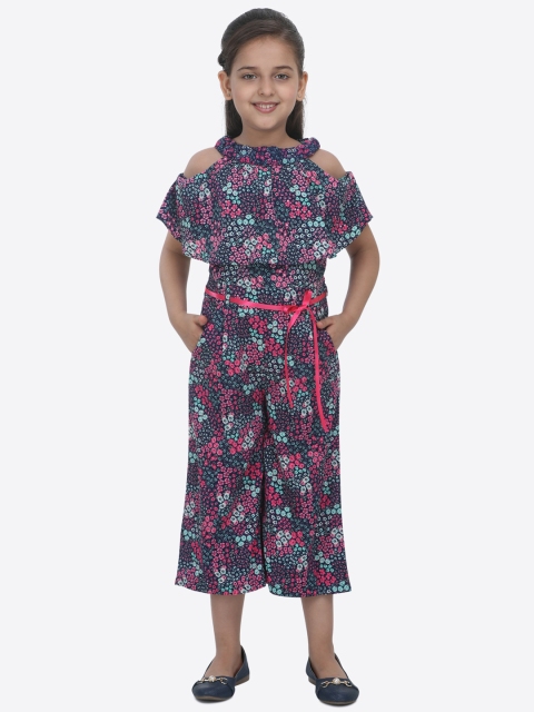 

CUTECUMBER Girls Navy Blue & Pink Floral Print Cold-Shoulder Jumpsuit