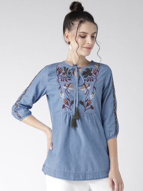 

Xpose Women Blue Chambray Embroidered Pure Cotton Top