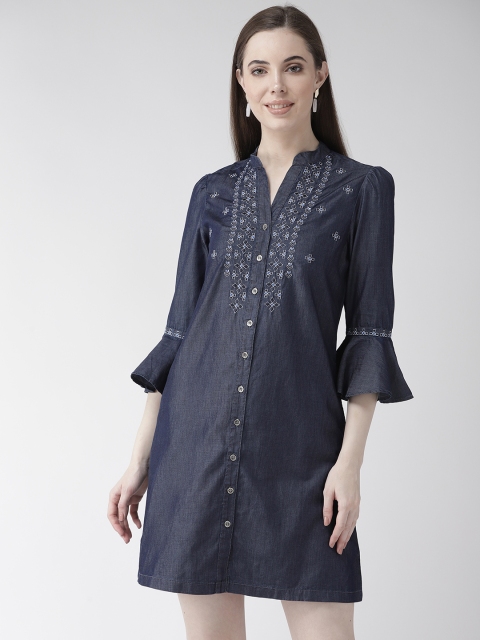 

Xpose Women Navy Blue Chambray Embroidered Detail A-Line Dress