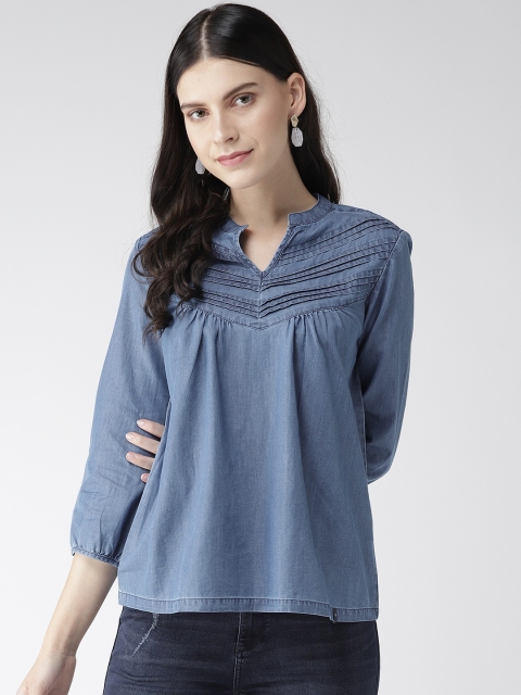 

Xpose Women Blue Solid Chambray Pure Cotton Top