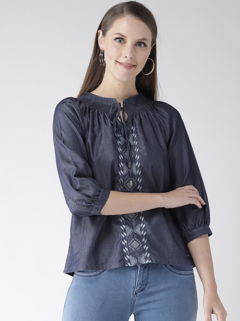 

Xpose Women Navy Blue Embroidered Detail Chambray Pure Cotton Top