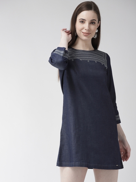 

Xpose Women Navy Blue Chambray Embroidered Detail A-Line Mini Dress