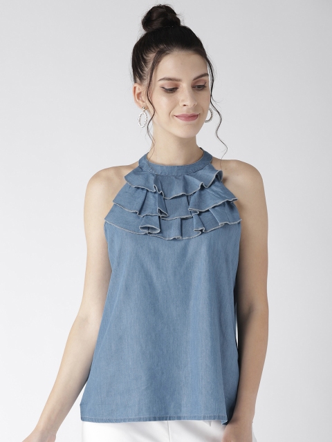 

Xpose Women Blue Chambray Solid A-Line Top
