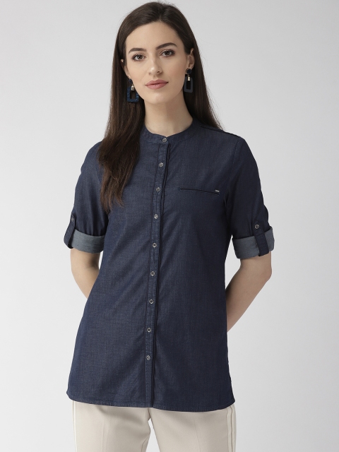 

Xpose Women Navy Blue Comfort Regular Fit Solid Chambray Casual Shirt