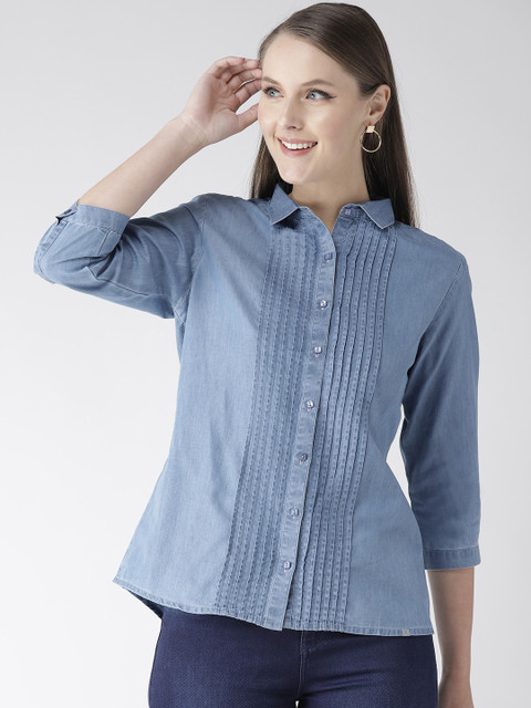 

Xpose Women Blue Comfort Fit Solid Chambray Casual Shirt