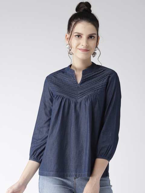 

Xpose Women Navy Blue Solid Chambray Top