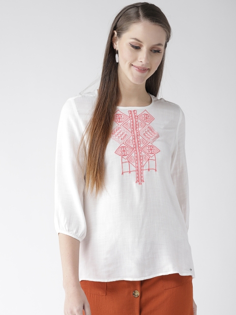 

Xpose Women White & Peach-Coloured Embroidered Detail Regular Top