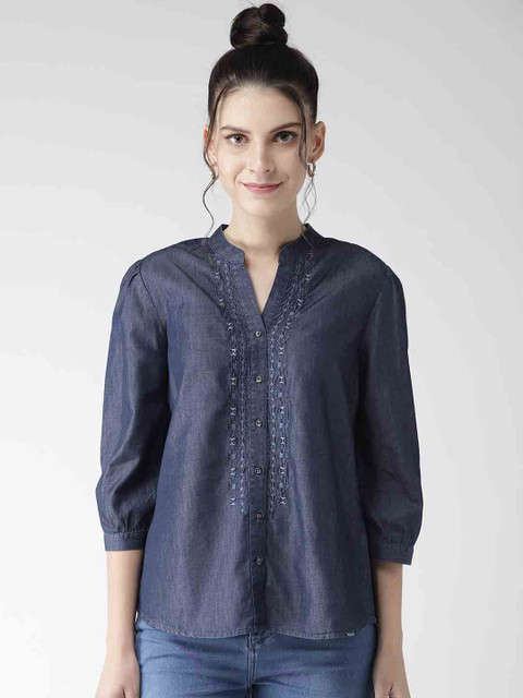

Xpose Women Navy Blue Comfort Fit Solid Chambray Casual Shirt