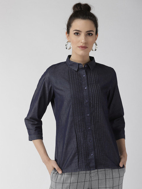 

Xpose Women Navy Blue Comfort Regular Fit Solid Casual Chambray Shirt