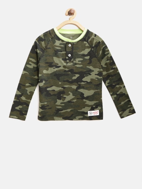 

GAP Boys Olive Green & Black Printed Henley Neck T-shirt