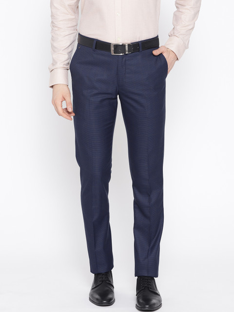 

Blackberrys Men Navy Blue Sharp Regular Fit Checked Formal Trousers