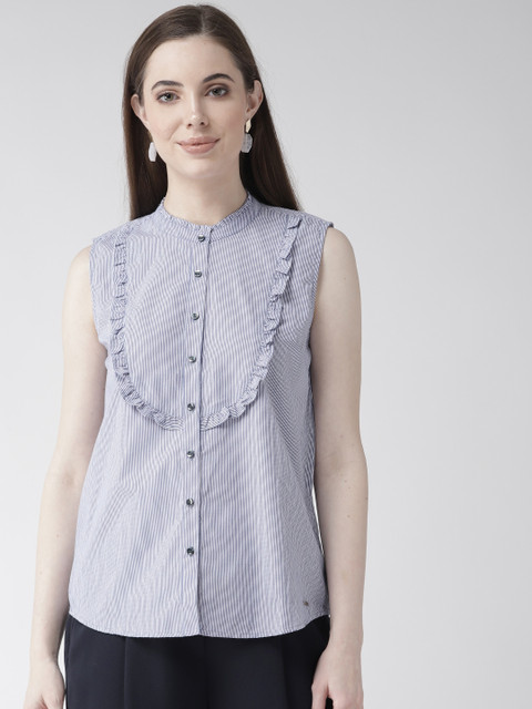 

Xpose Women Navy Blue & White Regular Fit Striped Sleeveless Casual Shirt