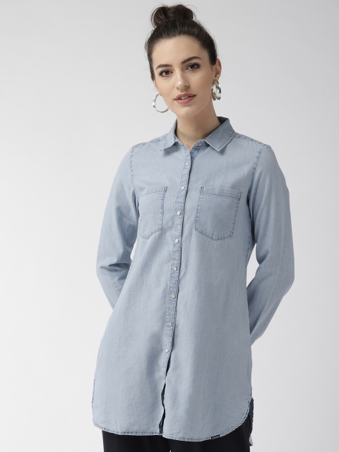 

Xpose Women Blue Comfort Fit Faded Denim Longline Shirt