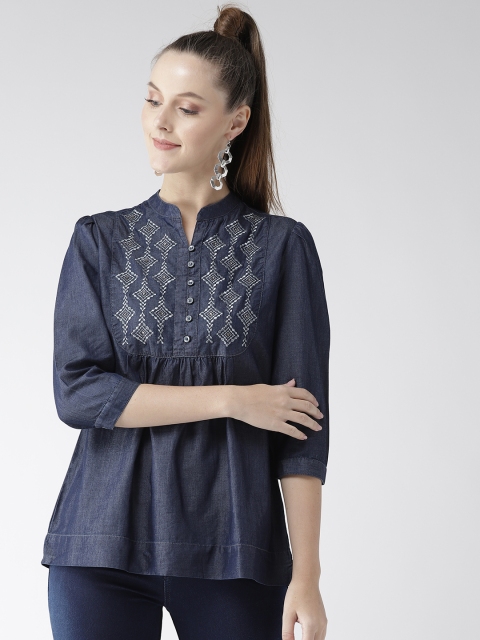 

Xpose Women Navy Blue Chambray Solid Shirt Style Top