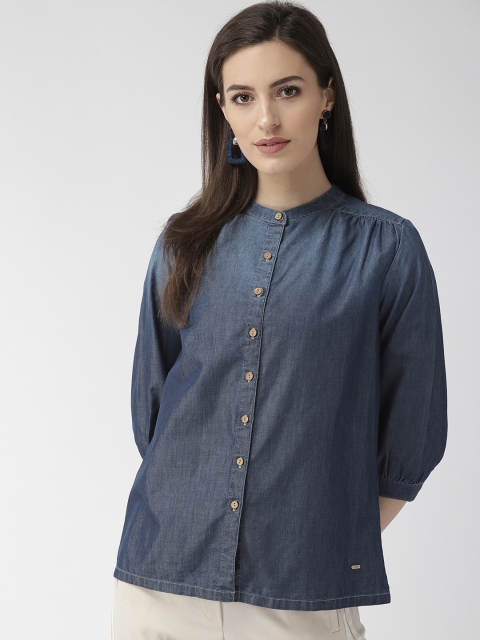 

Xpose Women Navy Blue Comfort Regular Fit Faded Chambray Casual Shirt