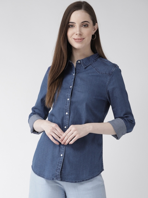 

Xpose Women Navy Blue Comfort Regular Fit Chambray Solid Casual Shirt