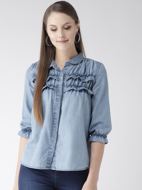 

Xpose Women Blue Comfort Regular Fit Solid Chambray Casual Shirt