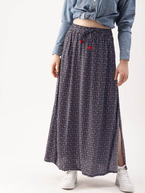 

DressBerry Women Black Printed A-Line Maxi Skirt, Navy blue