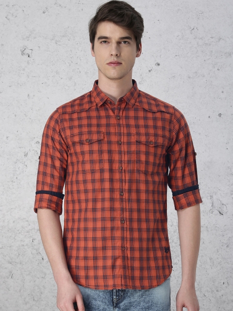 

Ecko Unltd Men Rust Orange & Navy Blue Checked Casual Shirt