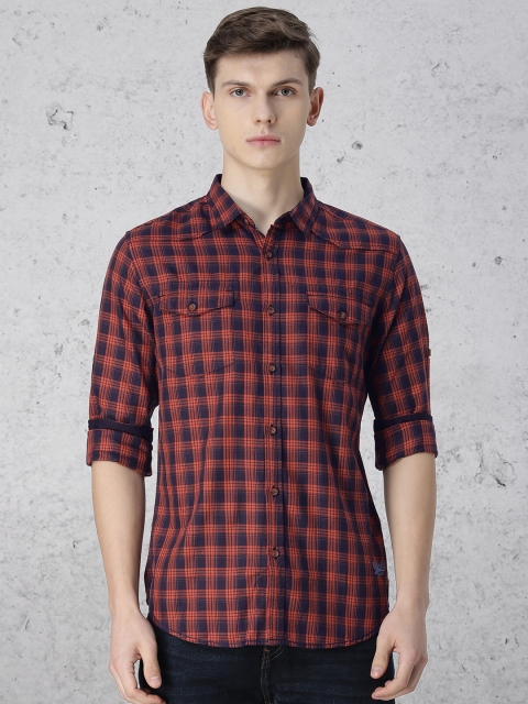 

Ecko Unltd Men Navy Blue & Rust Orange Checked Casual Shirt