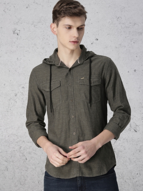 

Ecko Unltd Men Olive Green Slim Fit Solid Hooded Casual Shirt