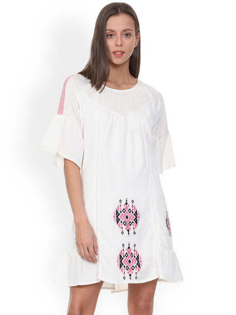 

People Women White Solid A-Line Dress