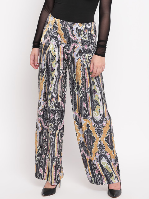 

NIZA Women Black & Mustard Yellow Regular Fit Printed Parallel Trousers