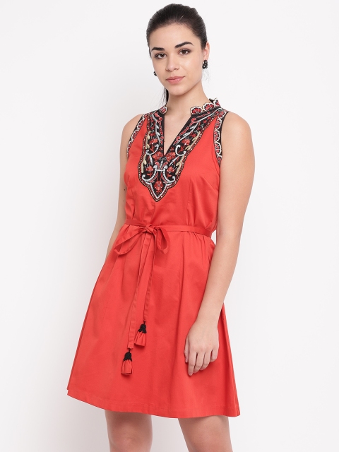 

NIZA Women Rust Orange Solid A-Line Dress