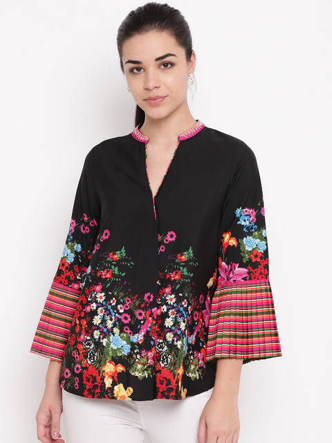 

NIZA Women Black & Pink Printed A-Line Top