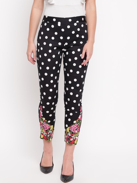 

NIZA Women Black & White Regular Fit Polka Dot Print Cropped Trousers