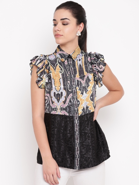 

NIZA Women Black & Mustard Yellow Regular Fit Printed Casual Shirt