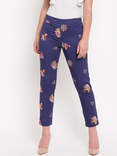 

NIZA Women Navy Blue & Orange Regular Fit Embroidered Cropped Trousers