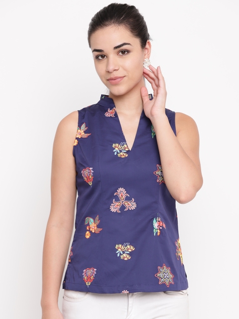 

NIZA Women Navy Blue & Orange Embroidered Top
