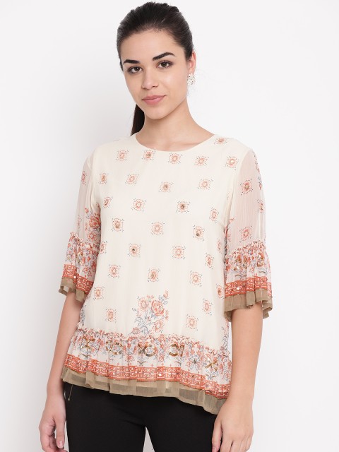 

NIZA Women Cream & Rust Orange Printed A-line Top
