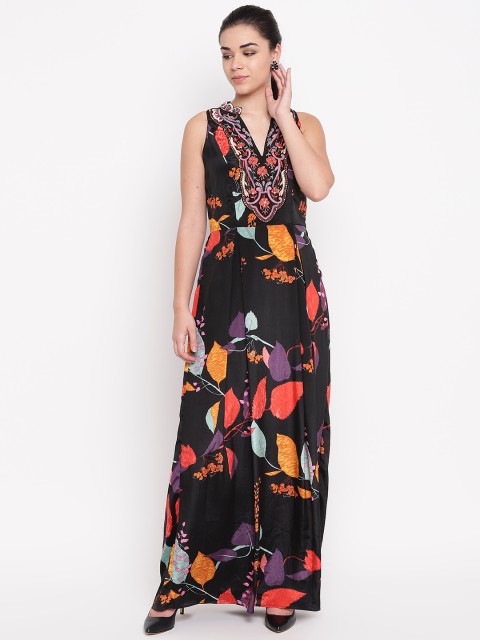 

NIZA Women Black & Orange Printed Maxi Dress