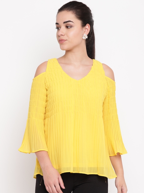 

NIZA Women Yellow Solid A-Line Pleated Cold-Shoulder Top