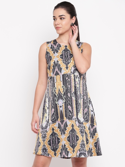 

NIZA Women Black & Mustard Yellow A-Line Dress