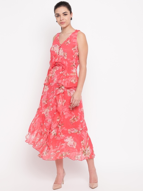 

NIZA Women Coral Pink Printed Ruffled Maxi Dress