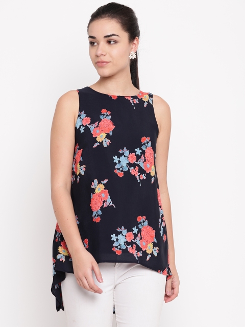 

NIZA Women Navy Blue & Coral Pink Printed High-Low Top