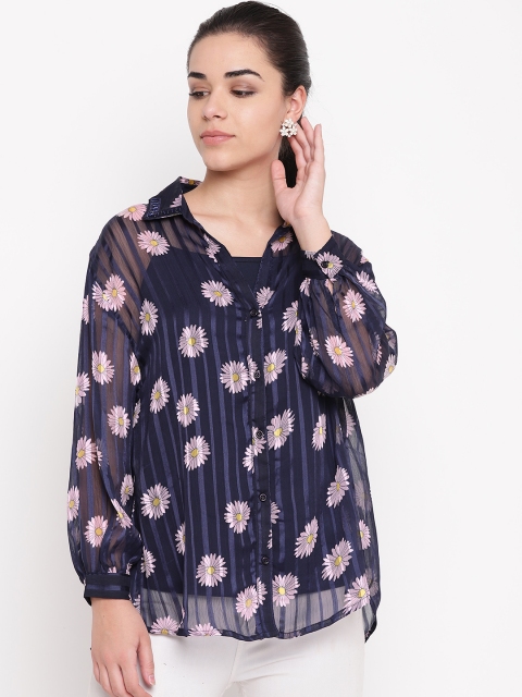 

NIZA Women Navy Blue & Purple Floral Print Semi-Sheer Casual Shirt