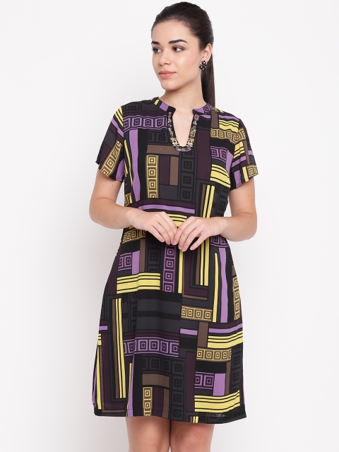 

NIZA Women Black & Purple Printed A-Line Dress