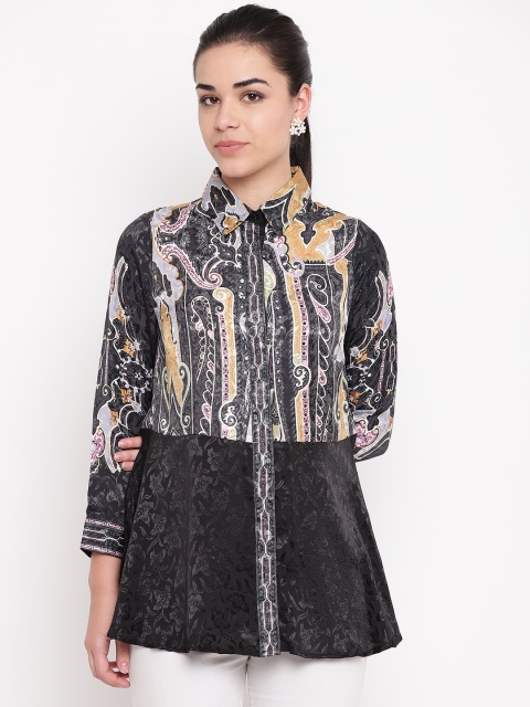 

NIZA Women Black & Mustard Yellow Printed Partywear Shirt