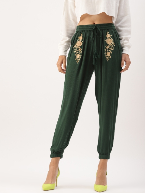 

DressBerry Women Olive Green Embroidered Cropped Trousers