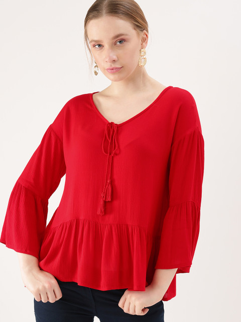 

DressBerry Women Red Solid V-Neck Top