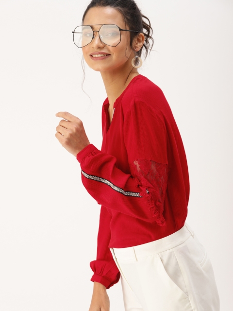

DressBerry Women Red Lace Sleeve Top