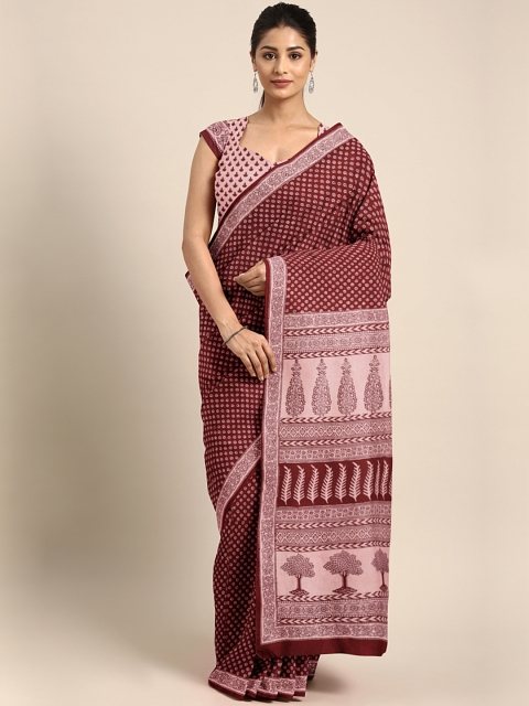 

Kalakari India Maroon & Pink Pure Cotton Handblock Print Bagh Saree