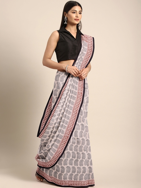 

Kalakari India Off-White & Black Printed Bagh Handloom Sustainable Saree