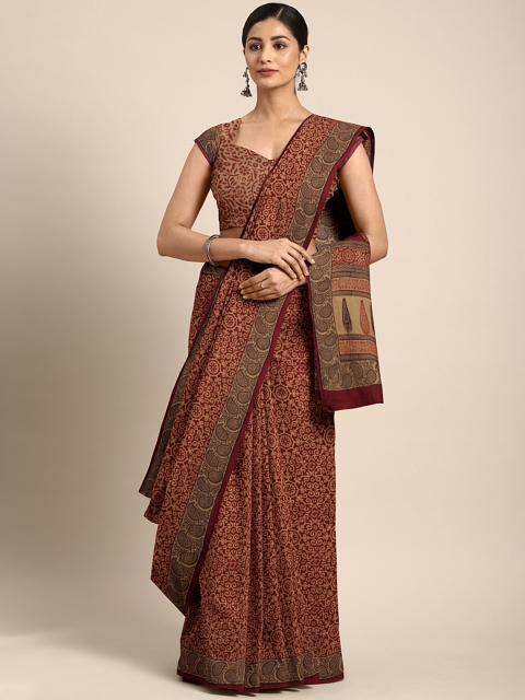 

Kalakari India Brown & Maroon Pure Cotton Handblock Print Bagh Saree