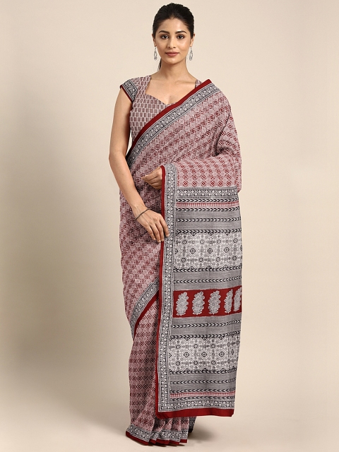 

Kalakari India Maroon & Off-White Pure Cotton Handblock Print Bagh Saree